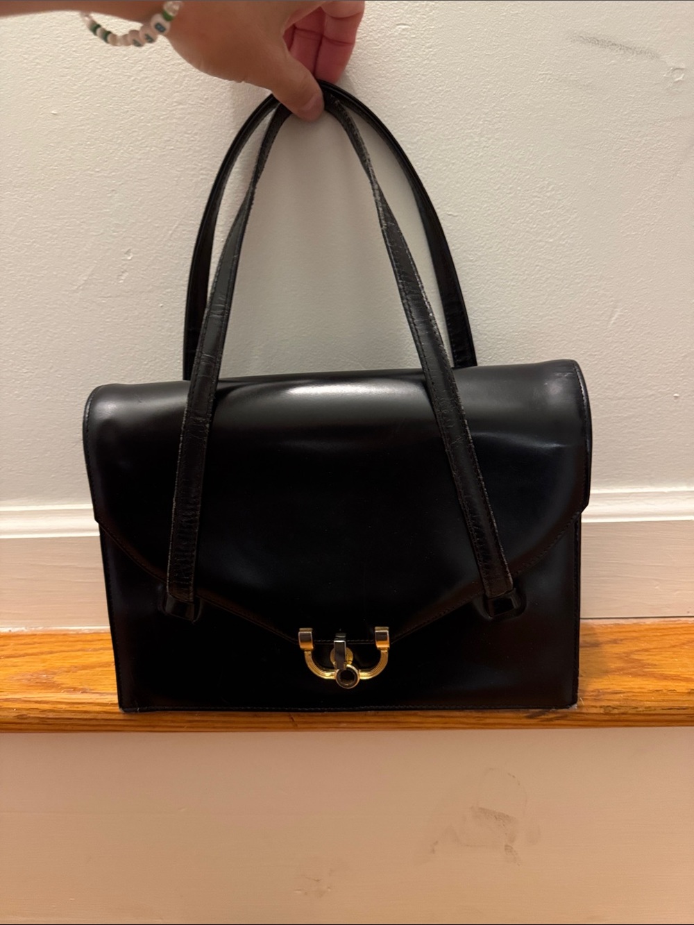 Dofan Vintage 1950’s Made in France Black Leather Bag with Gold Hardware